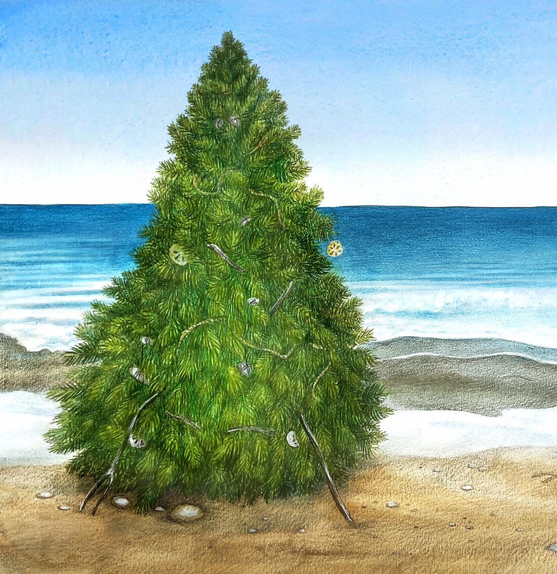 The Magical Beach Tree decorated with shells and sand dollars, standing on the snowy shore against the winter sea.