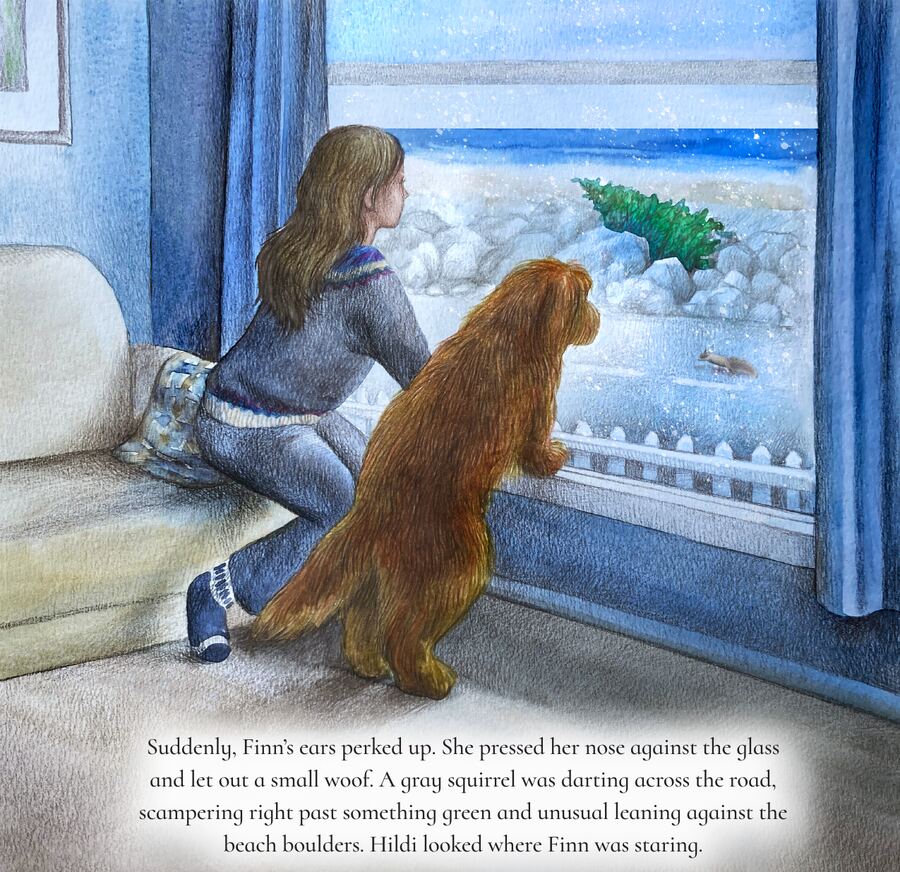 Finn, a golden dog, beside Hildi at the window.